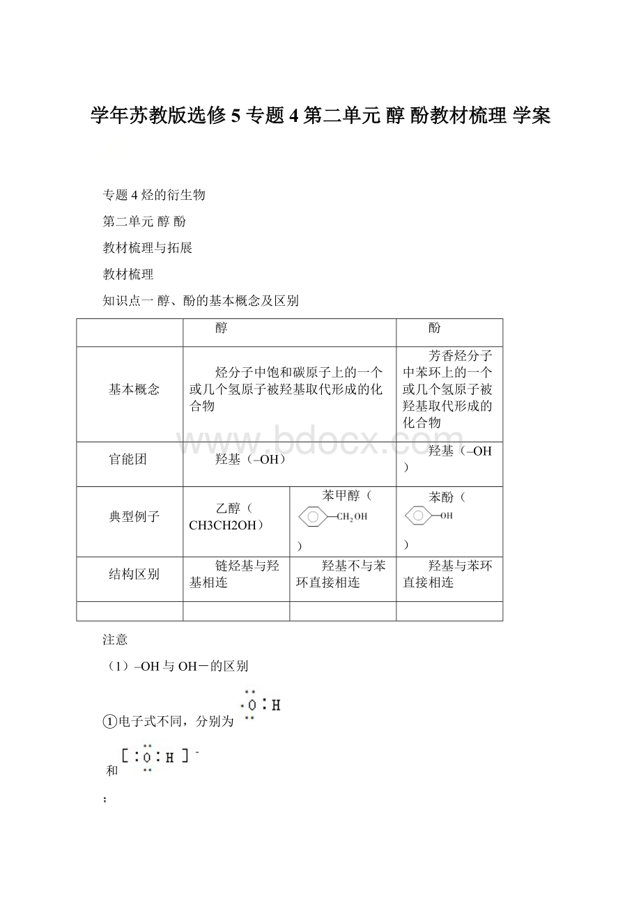 学年苏教版选修5 专题4第二单元 醇 酚教材梳理 学案Word格式.docx