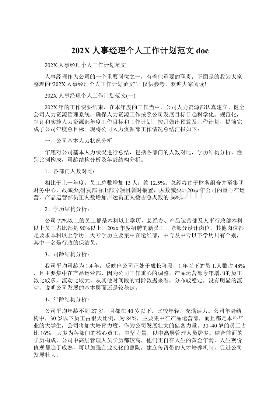 202X人事经理个人工作计划范文docWord文档下载推荐.docx_第1页