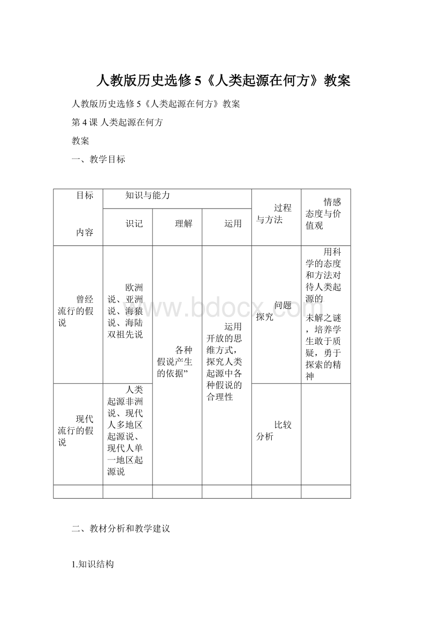 人教版历史选修5《人类起源在何方》教案Word格式文档下载.docx