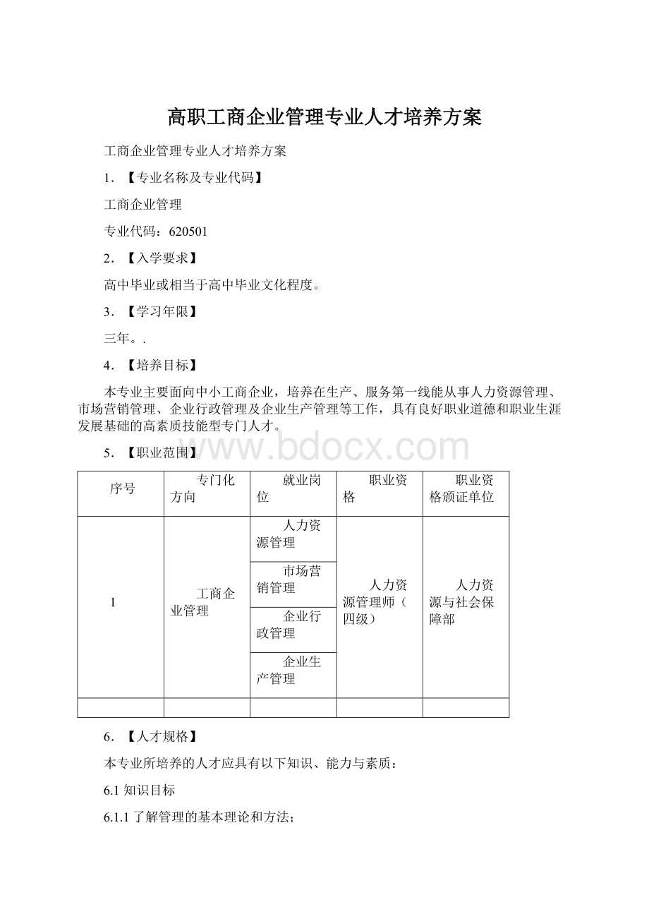 高职工商企业管理专业人才培养方案.docx_第1页