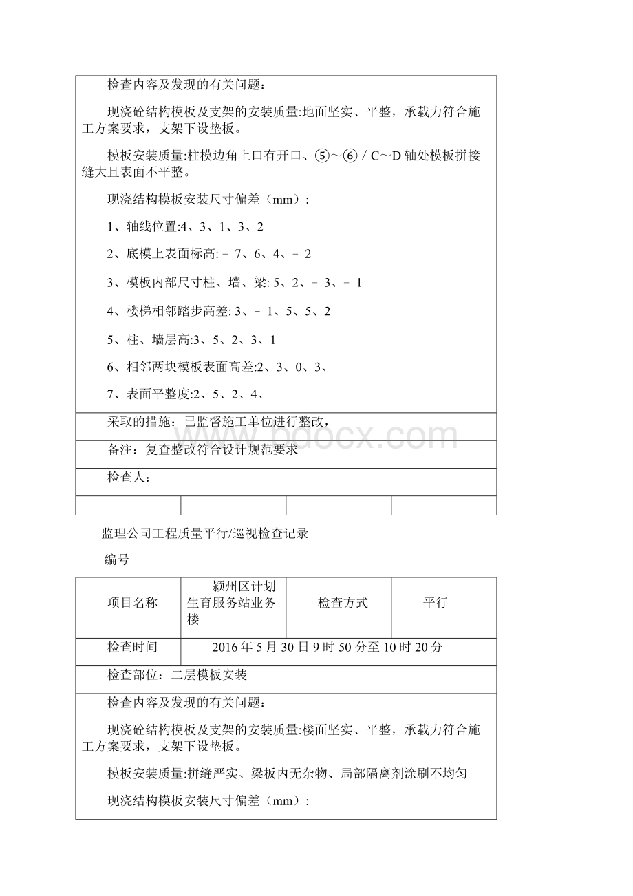 模板工程质量平行巡视检查记录表格Word格式.docx_第3页