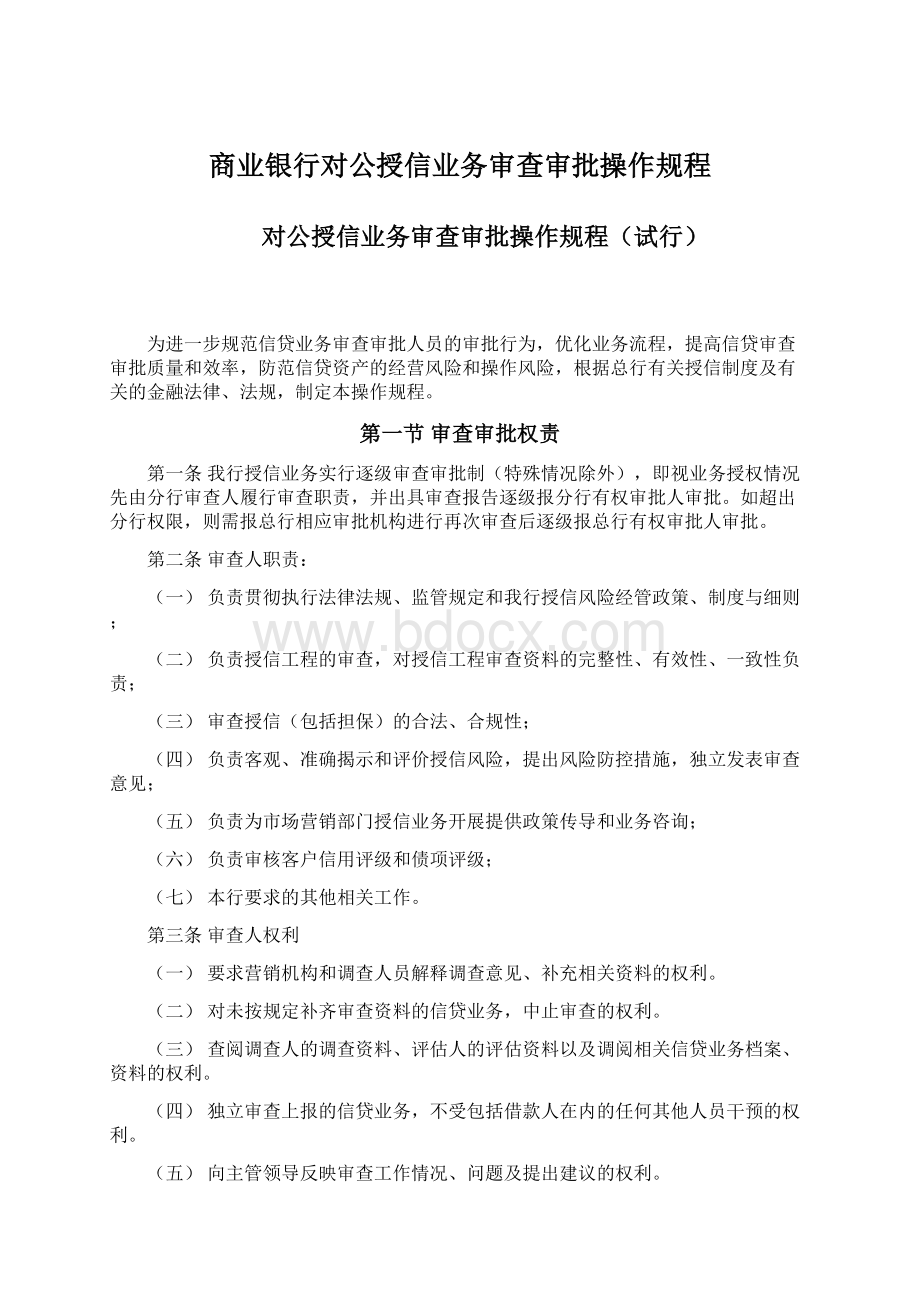 商业银行对公授信业务审查审批操作规程Word文档下载推荐.docx