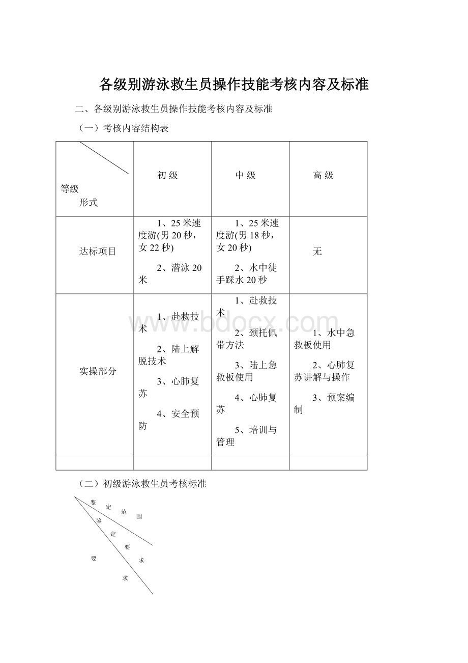 各级别游泳救生员操作技能考核内容及标准.docx