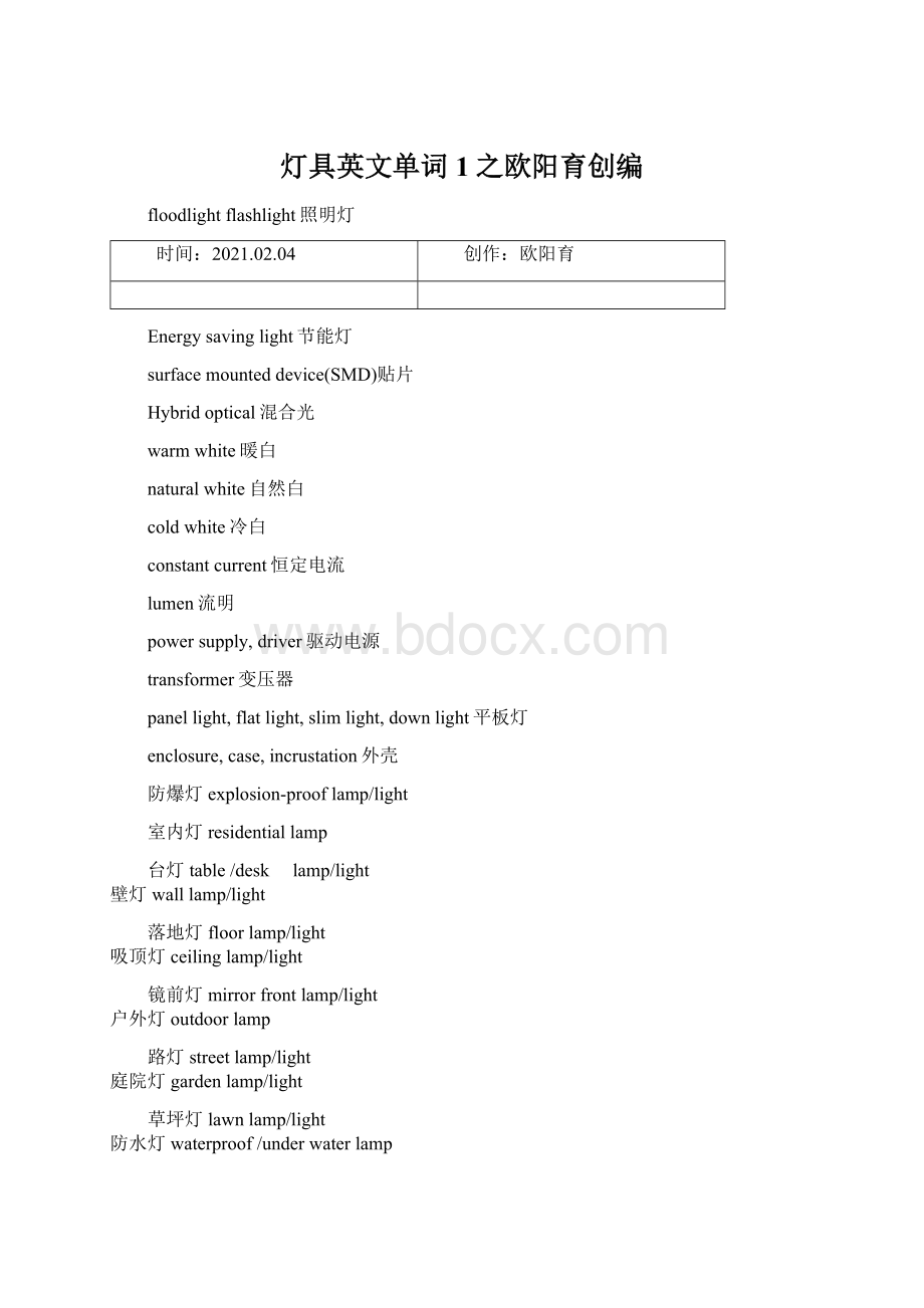 灯具英文单词1之欧阳育创编Word文档格式.docx