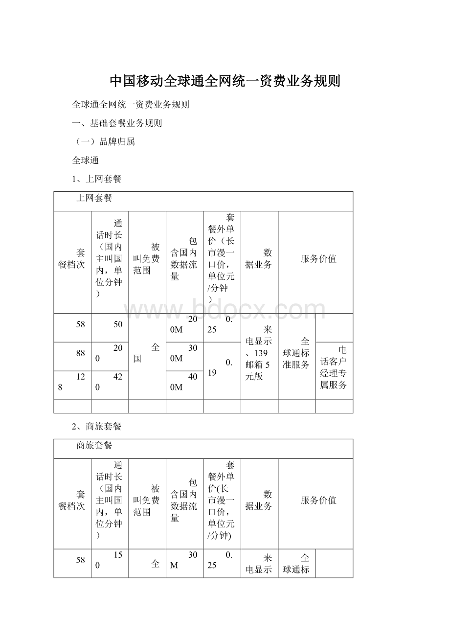 中国移动全球通全网统一资费业务规则.docx_第1页