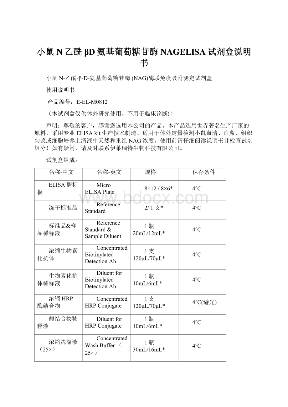 小鼠N乙酰βD氨基葡萄糖苷酶NAGELISA试剂盒说明书文档格式.docx_第1页