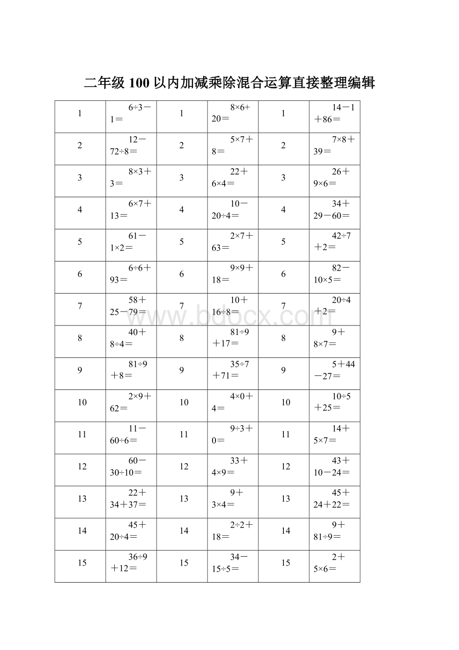 二年级100以内加减乘除混合运算直接整理编辑.docx