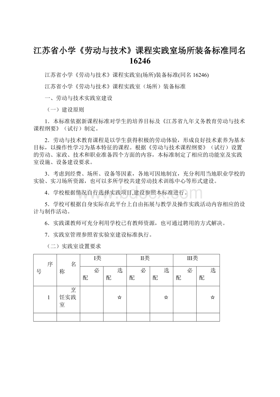 江苏省小学《劳动与技术》课程实践室场所装备标准同名16246.docx