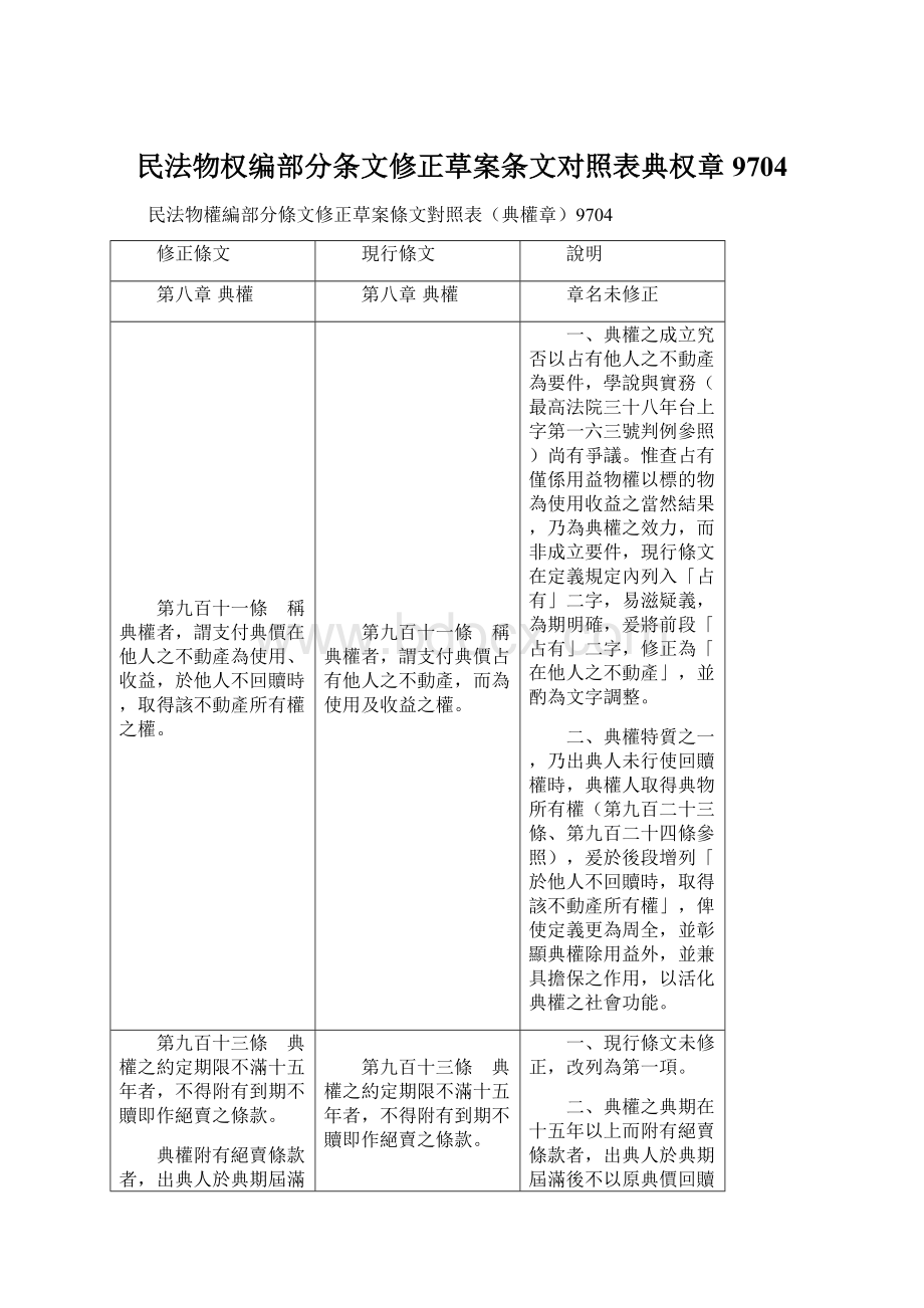 民法物权编部分条文修正草案条文对照表典权章9704Word下载.docx