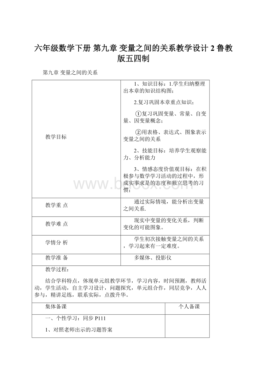 六年级数学下册 第九章 变量之间的关系教学设计2 鲁教版五四制Word文件下载.docx