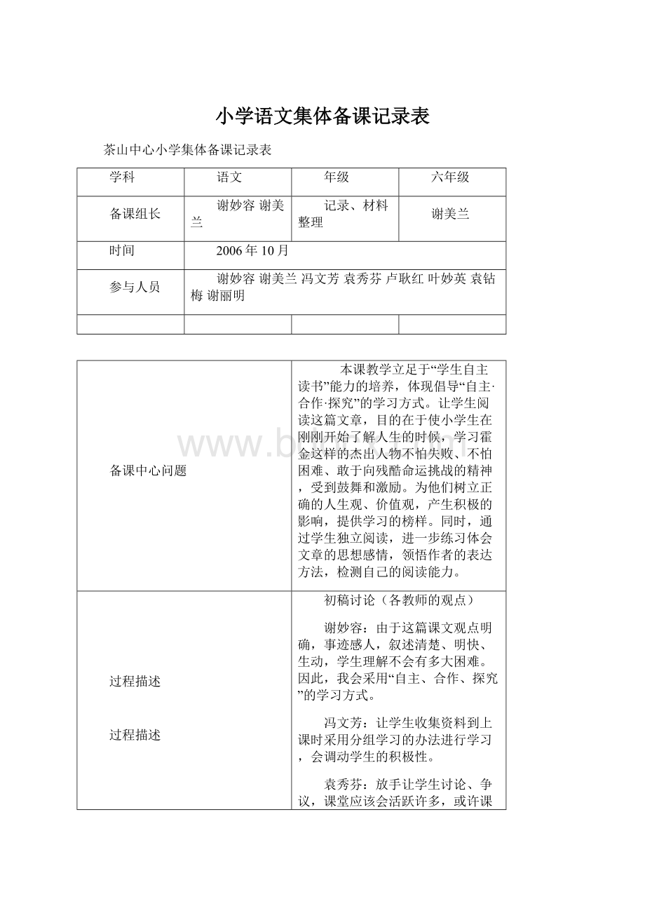 小学语文集体备课记录表Word下载.docx_第1页