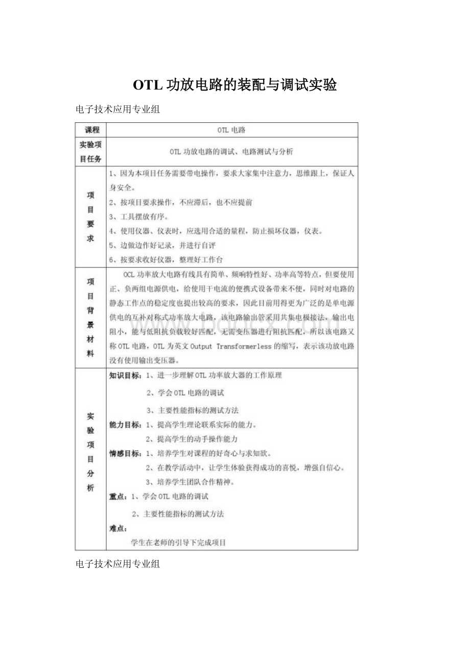 OTL功放电路的装配与调试实验Word格式.docx