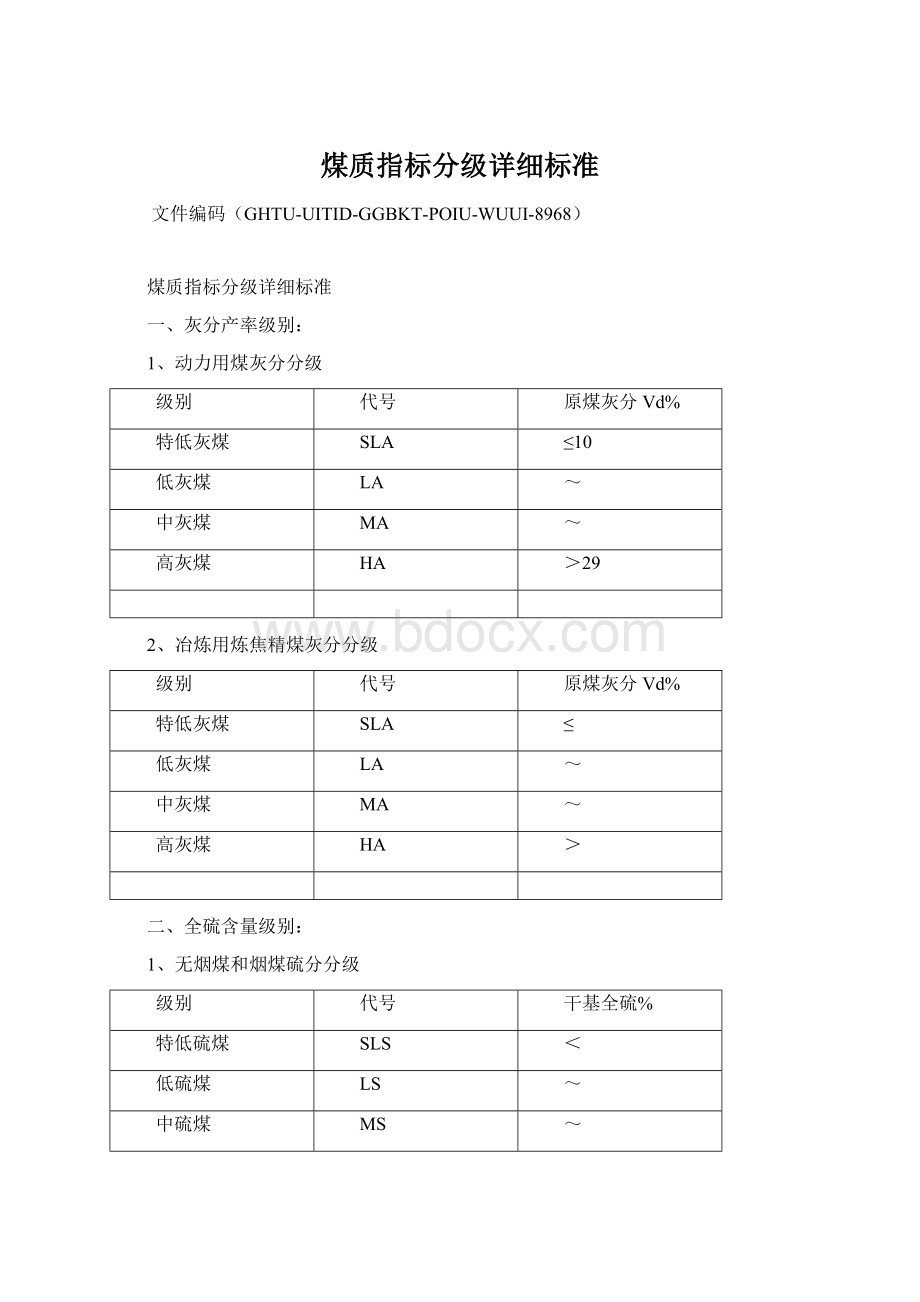 煤质指标分级详细标准Word文档下载推荐.docx