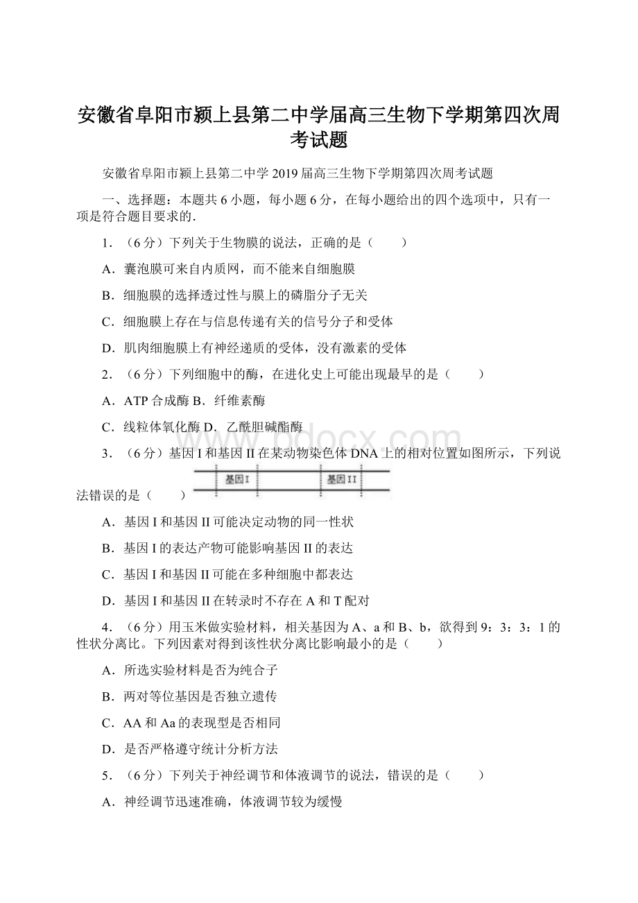 安徽省阜阳市颍上县第二中学届高三生物下学期第四次周考试题Word文档格式.docx_第1页