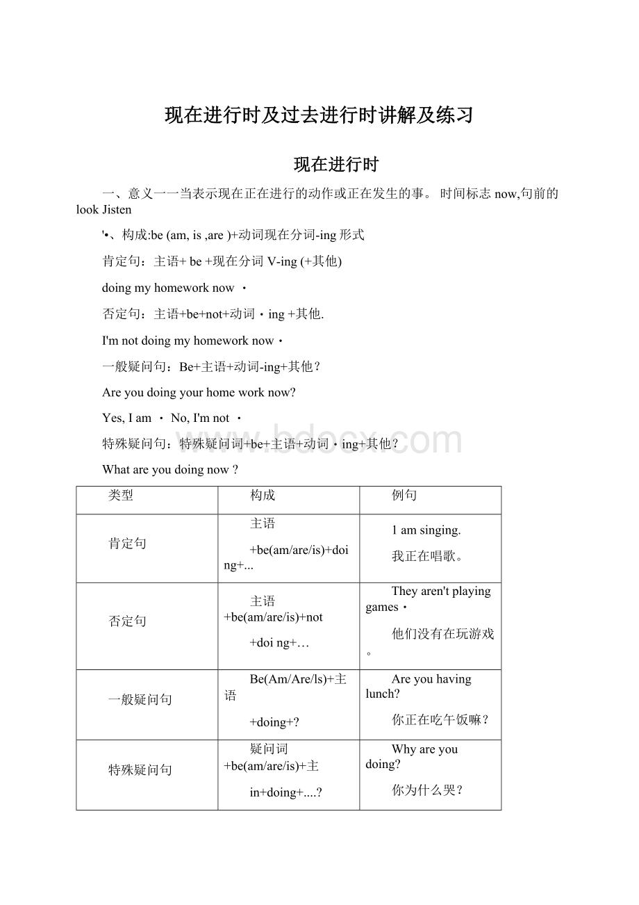 现在进行时及过去进行时讲解及练习Word文档格式.docx