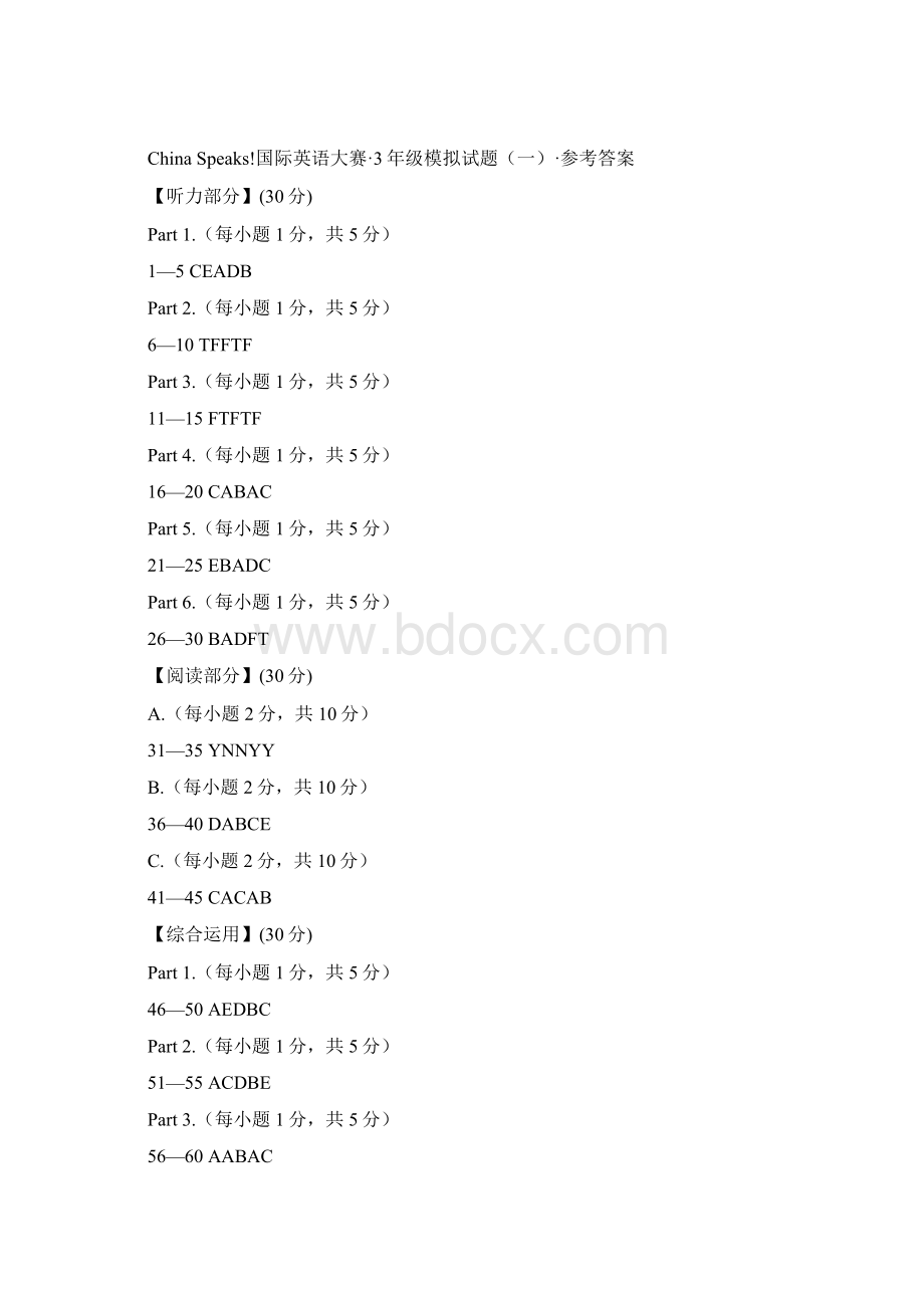 China Speaks国际英语大赛3年级真题样卷+答案Word文档下载推荐.docx_第3页