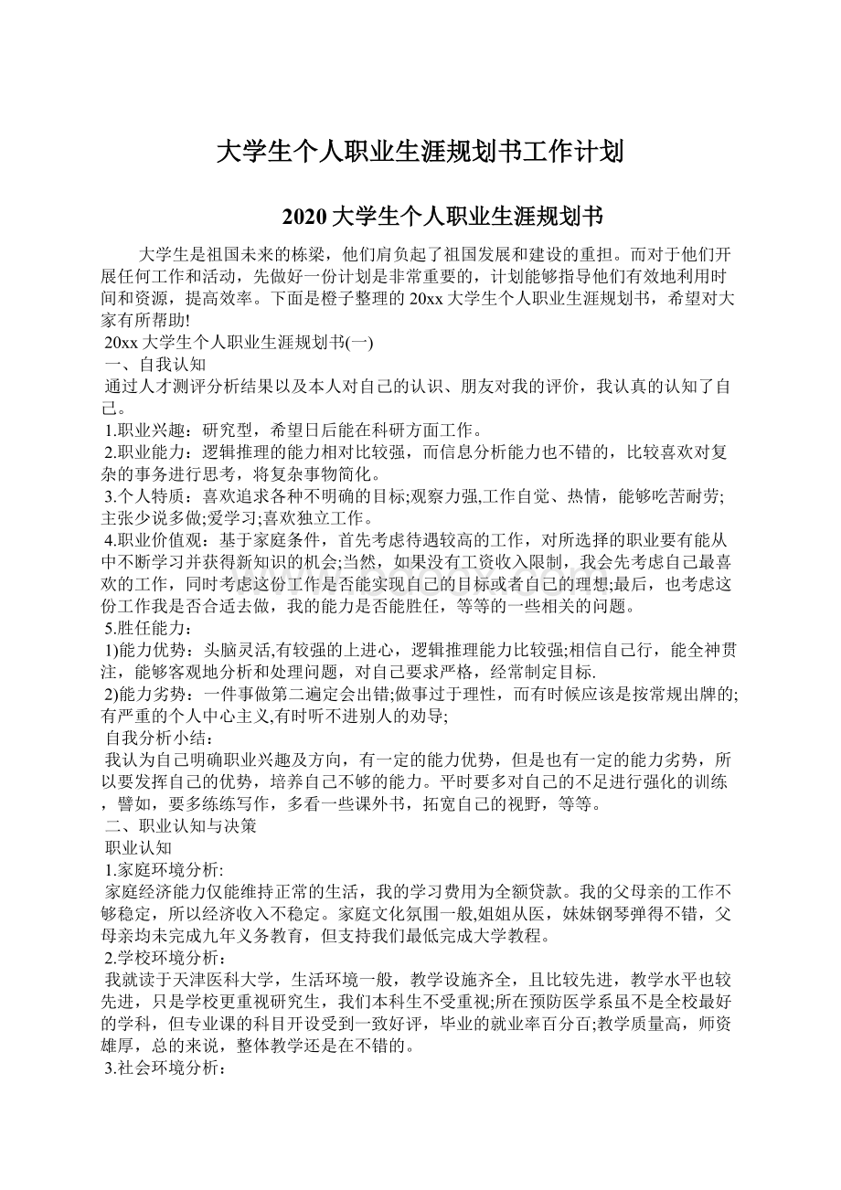 大学生个人职业生涯规划书工作计划Word格式.docx