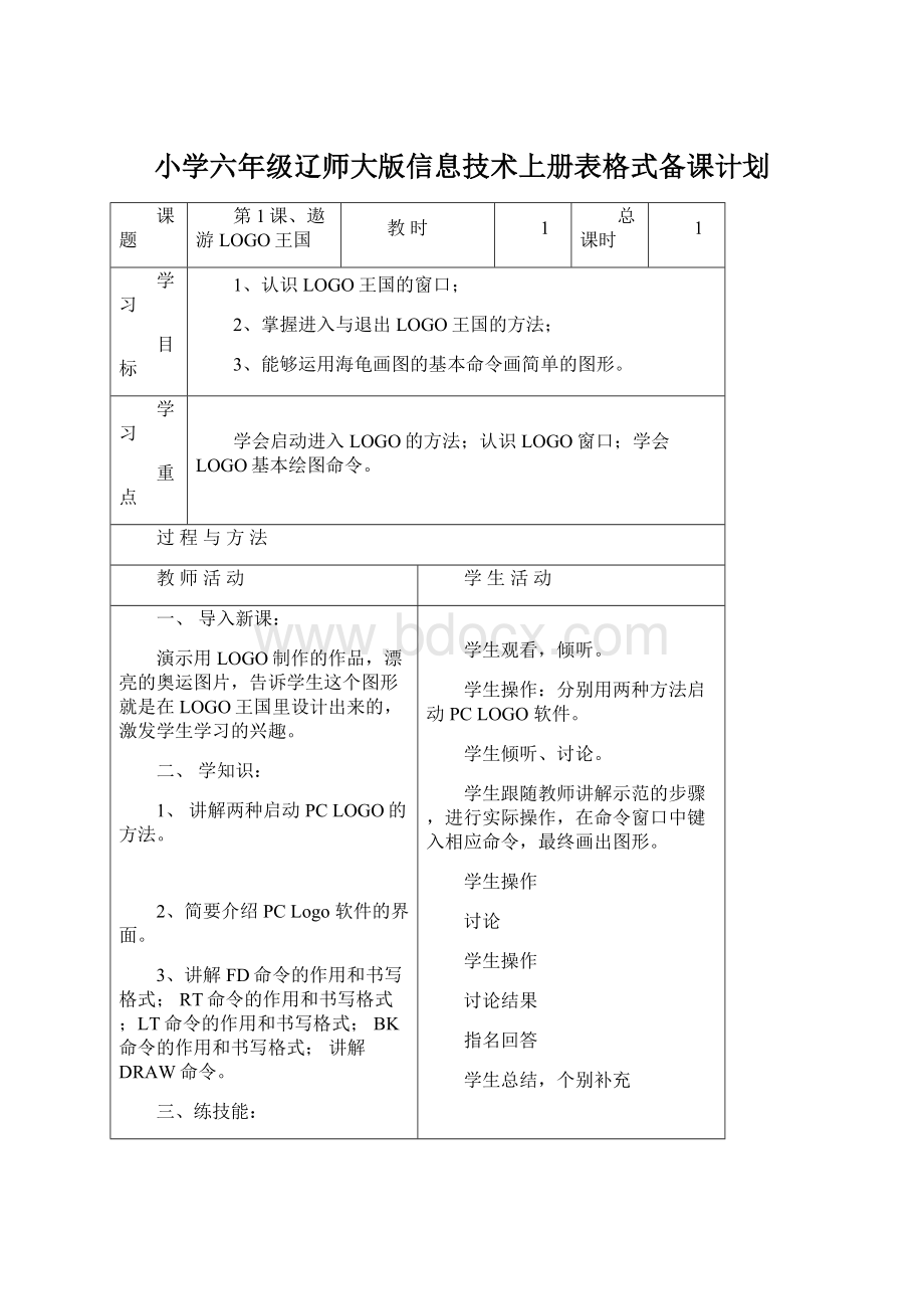 小学六年级辽师大版信息技术上册表格式备课计划.docx_第1页