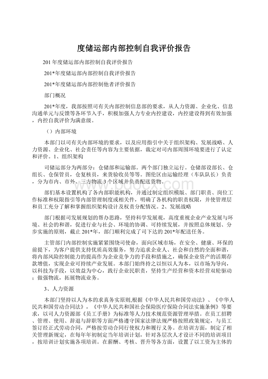 度储运部内部控制自我评价报告.docx