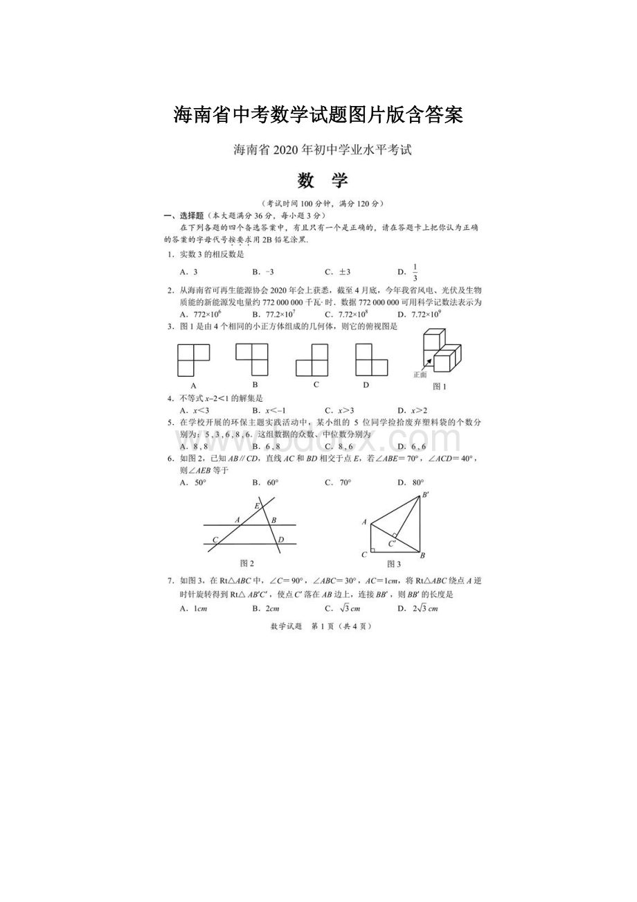 海南省中考数学试题图片版含答案.docx_第1页