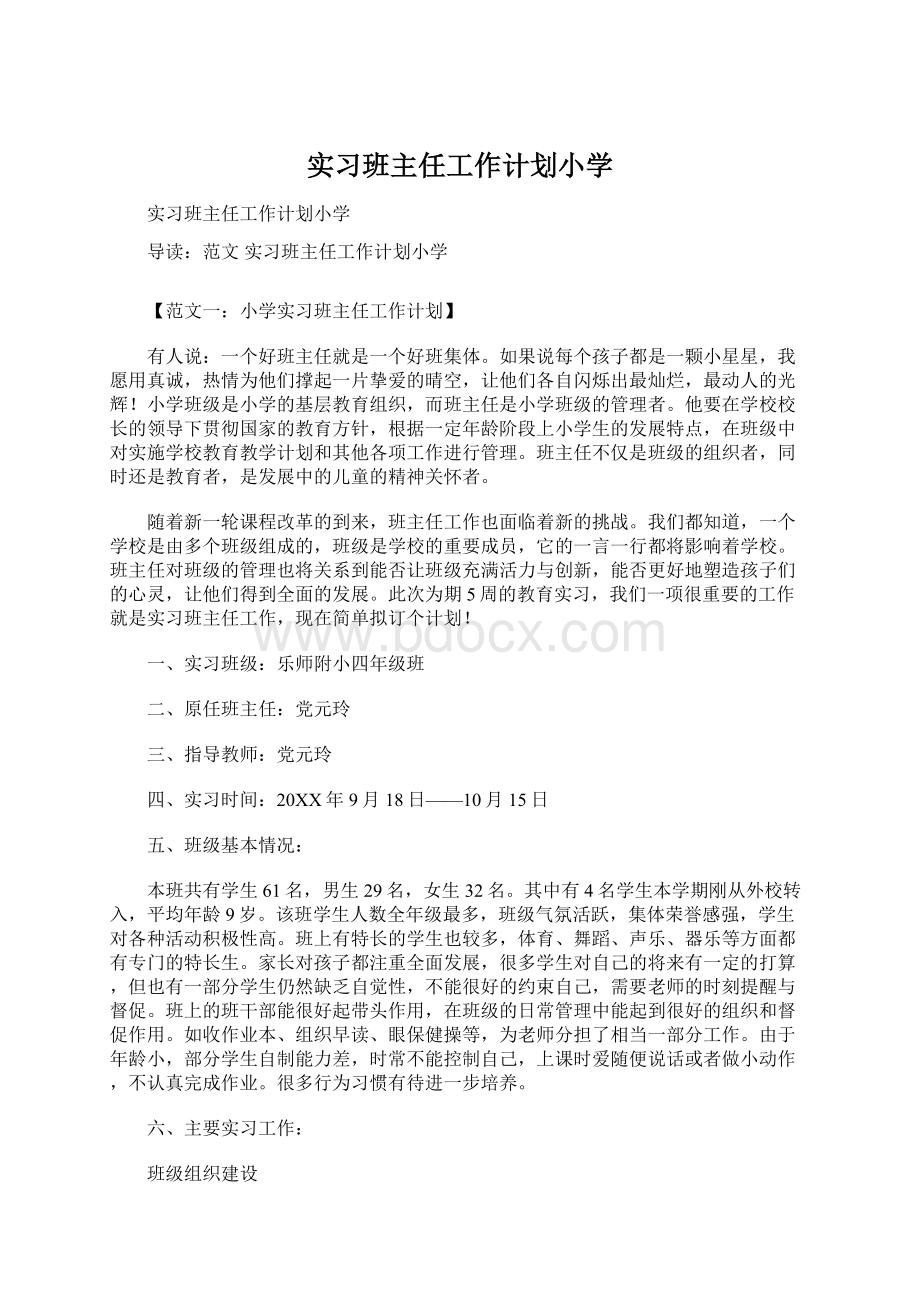 实习班主任工作计划小学Word下载.docx