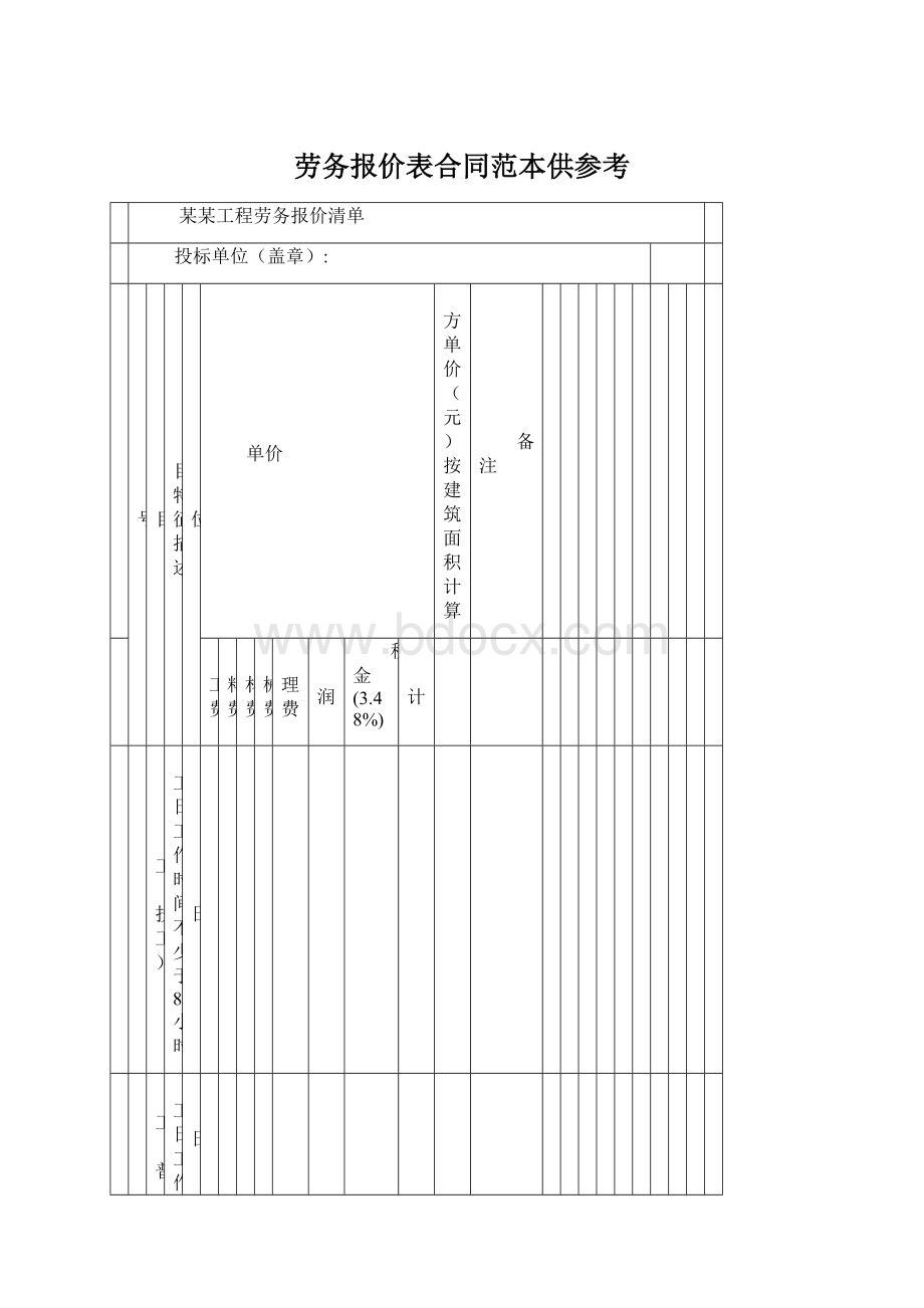 劳务报价表合同范本供参考Word格式.docx_第1页