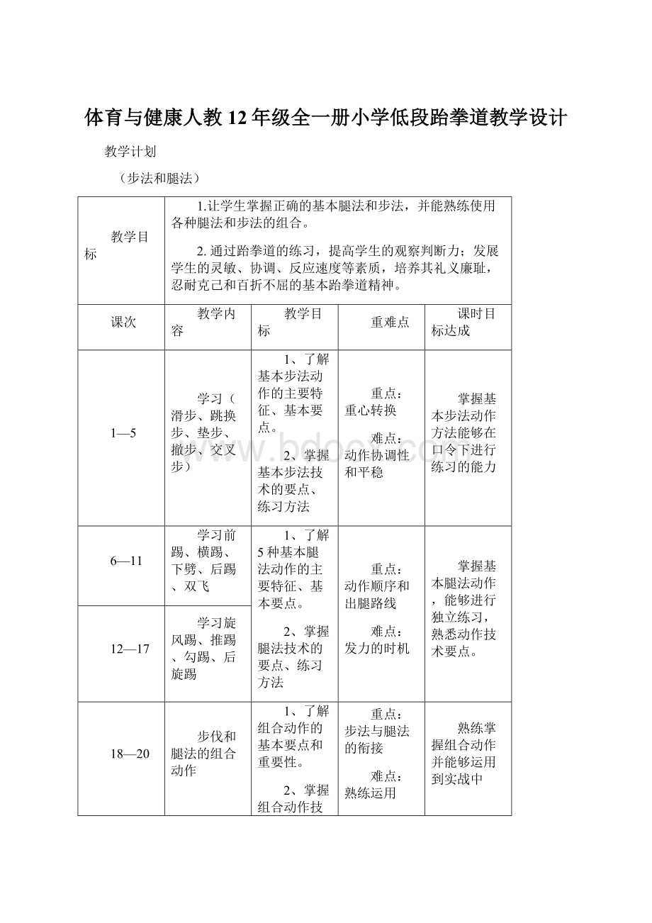 体育与健康人教12年级全一册小学低段跆拳道教学设计Word格式文档下载.docx_第1页