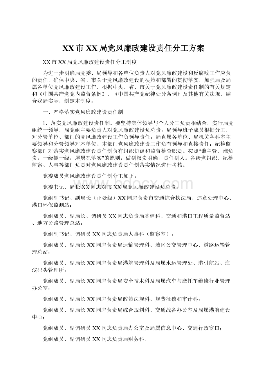 XX市XX局党风廉政建设责任分工方案.docx