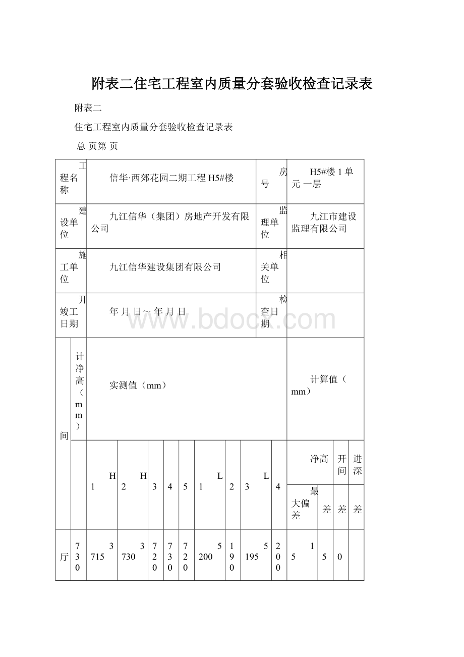 附表二住宅工程室内质量分套验收检查记录表.docx