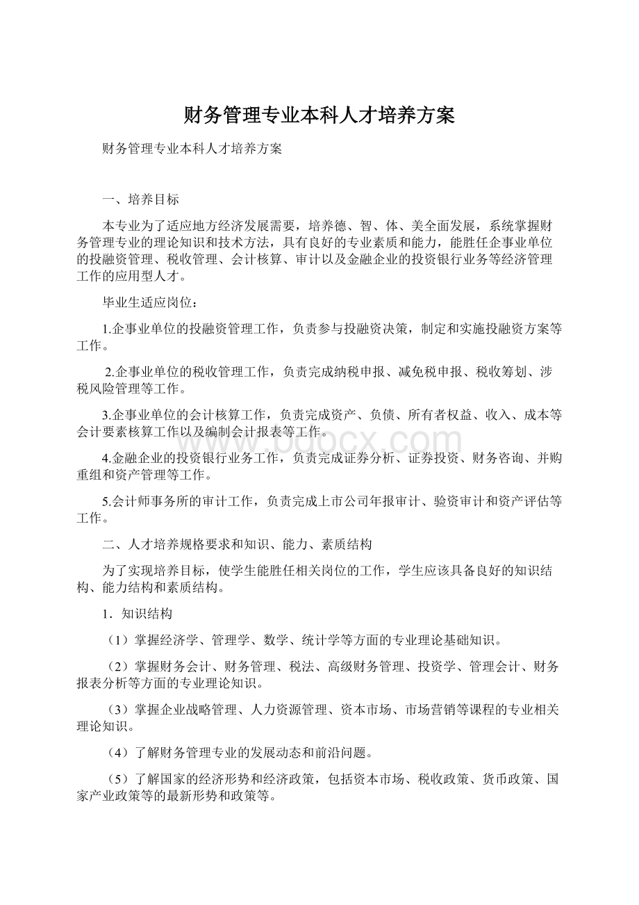 财务管理专业本科人才培养方案Word下载.docx