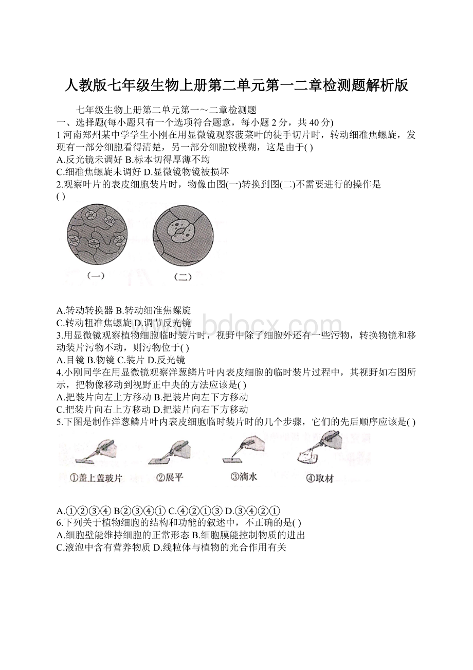 人教版七年级生物上册第二单元第一二章检测题解析版.docx