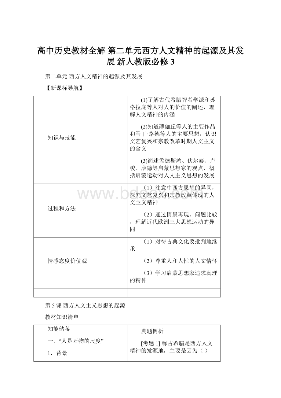 高中历史教材全解 第二单元西方人文精神的起源及其发展 新人教版必修3文档格式.docx