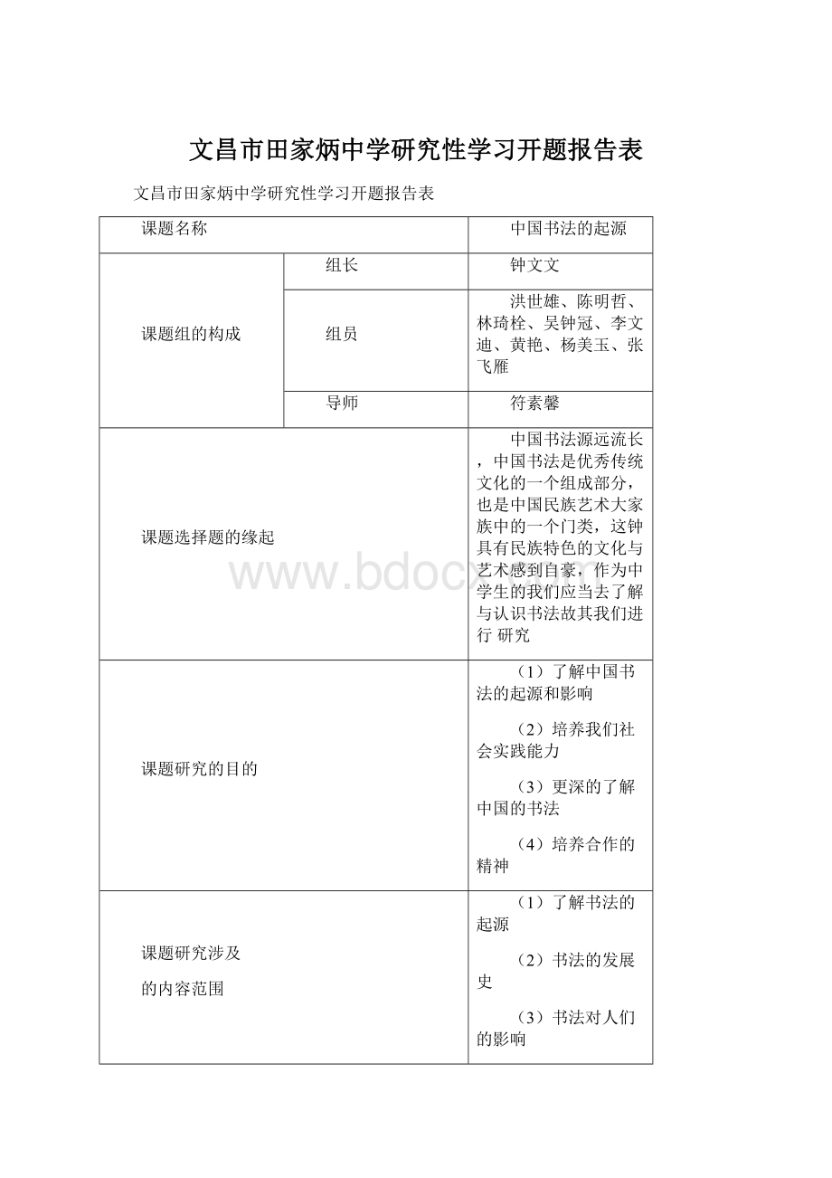 文昌市田家炳中学研究性学习开题报告表.docx