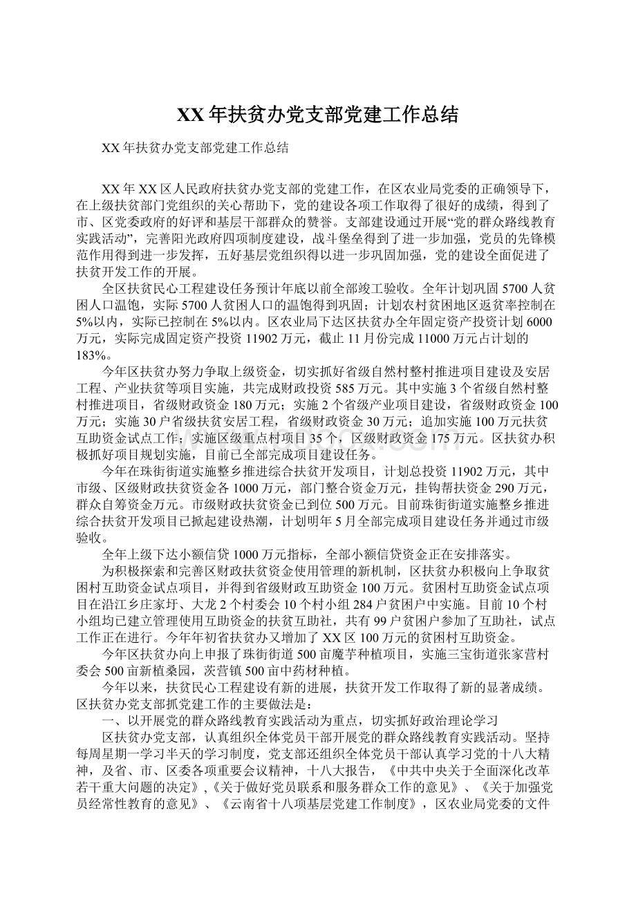 XX年扶贫办党支部党建工作总结Word文档下载推荐.docx