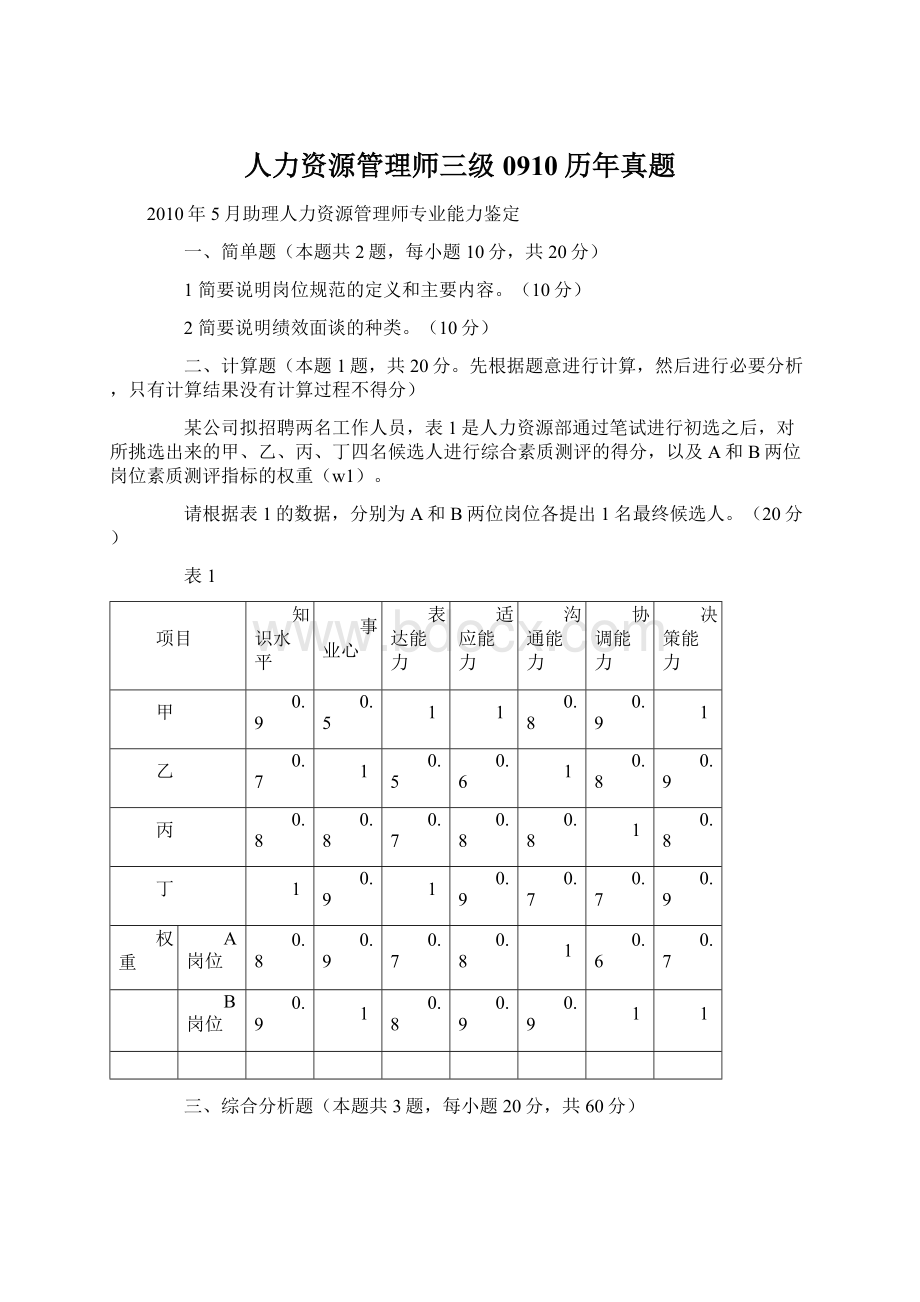 人力资源管理师三级0910历年真题.docx