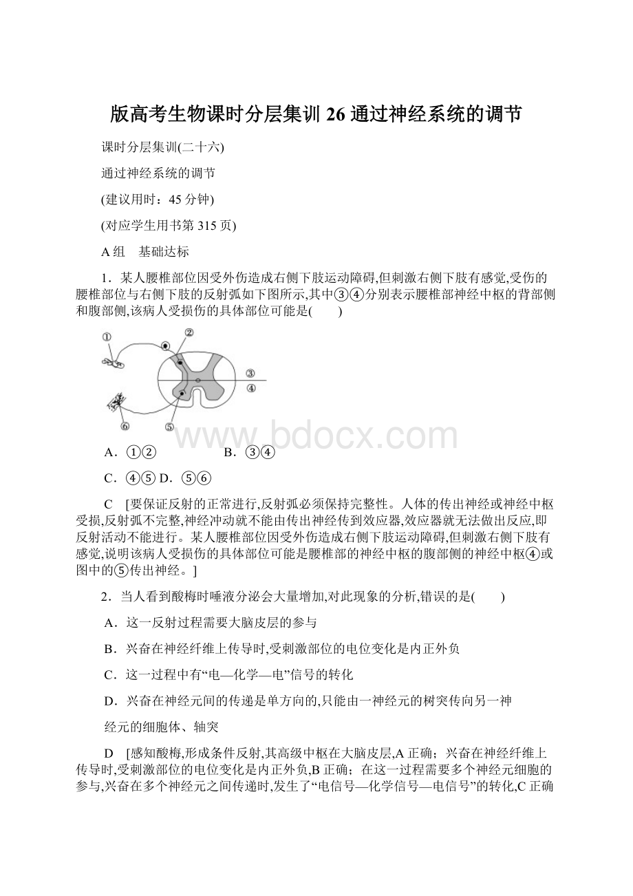 版高考生物课时分层集训26 通过神经系统的调节Word文档下载推荐.docx_第1页