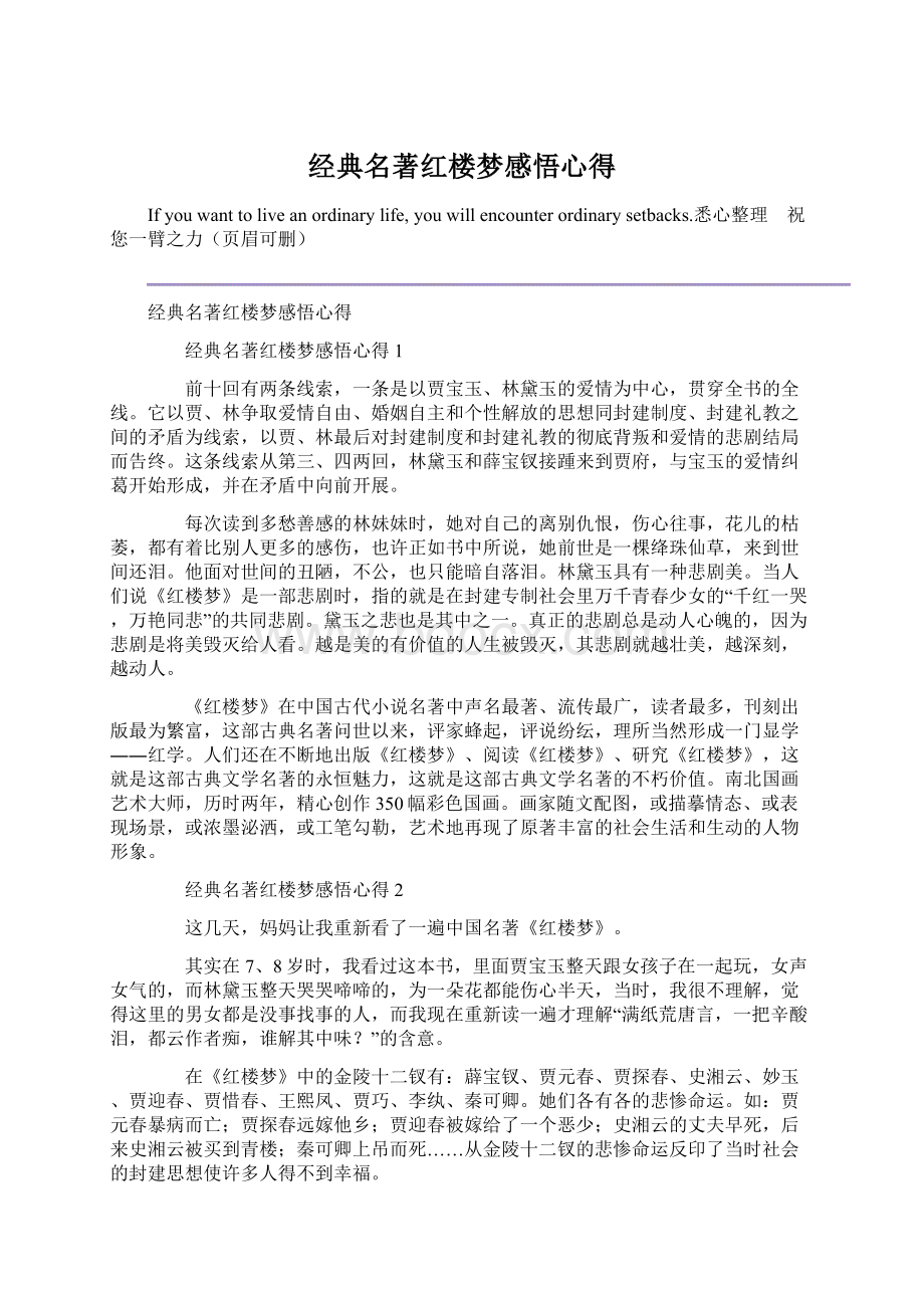 经典名著红楼梦感悟心得文档格式.docx