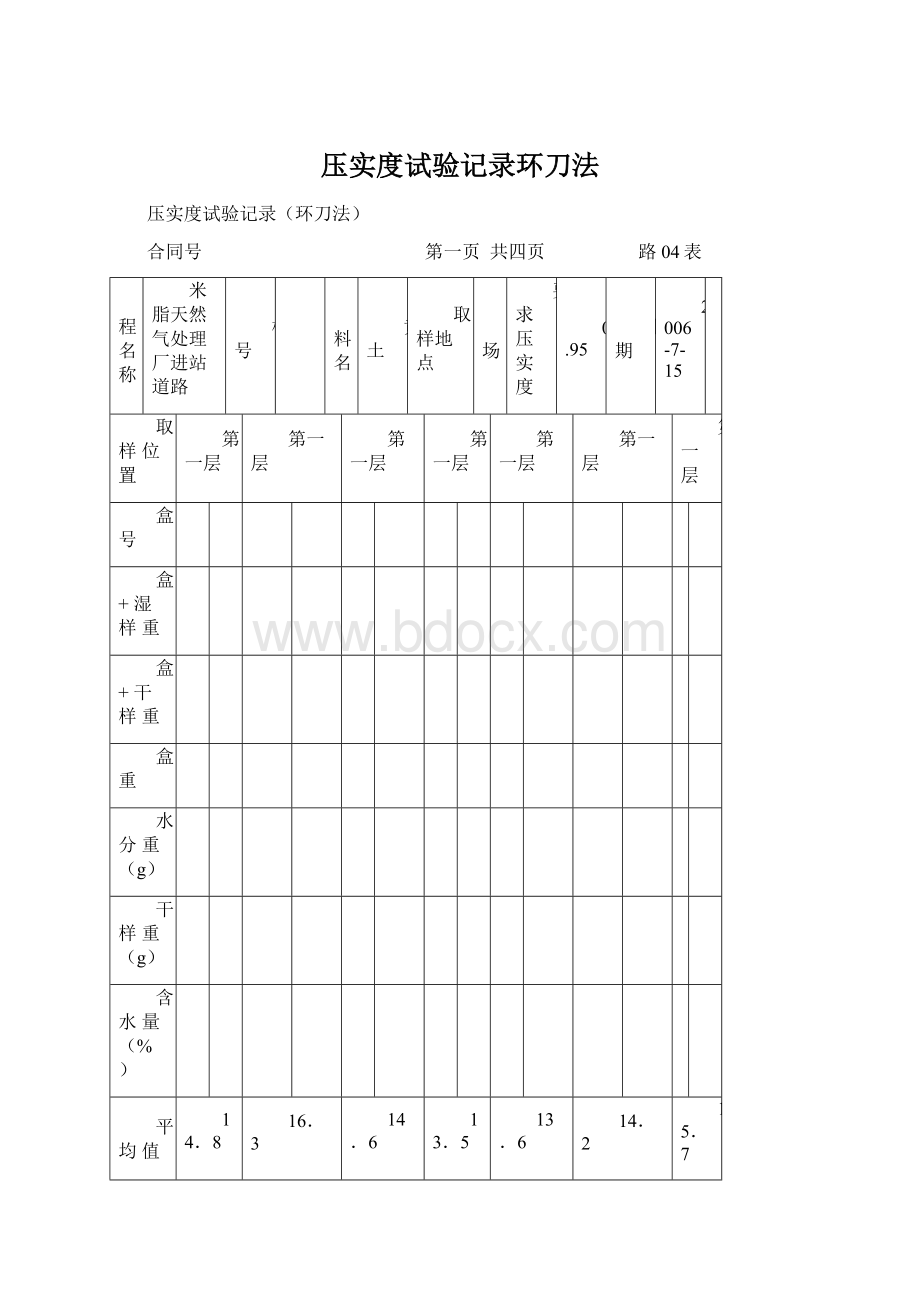 压实度试验记录环刀法Word文档下载推荐.docx