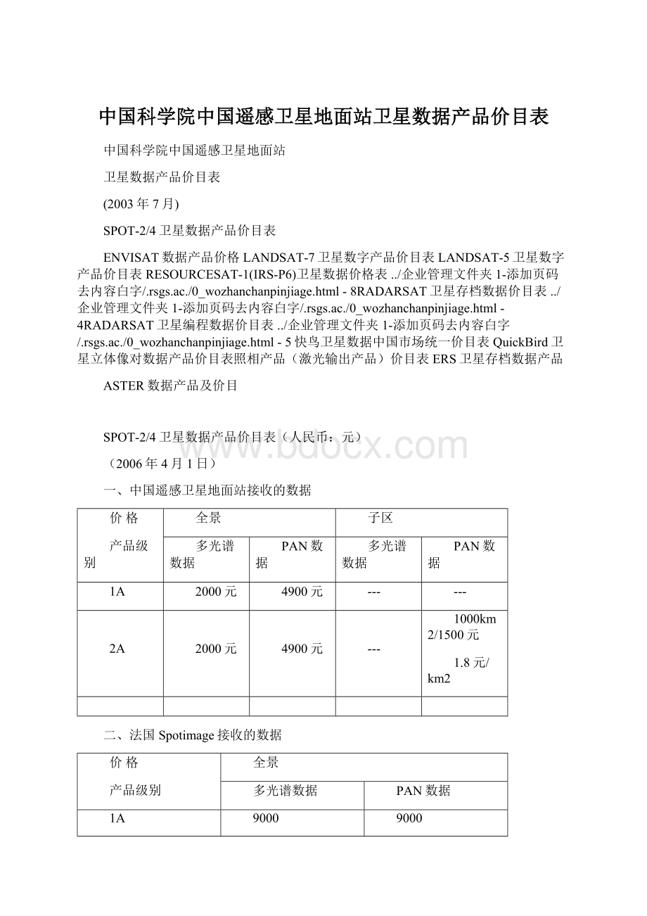 中国科学院中国遥感卫星地面站卫星数据产品价目表.docx_第1页