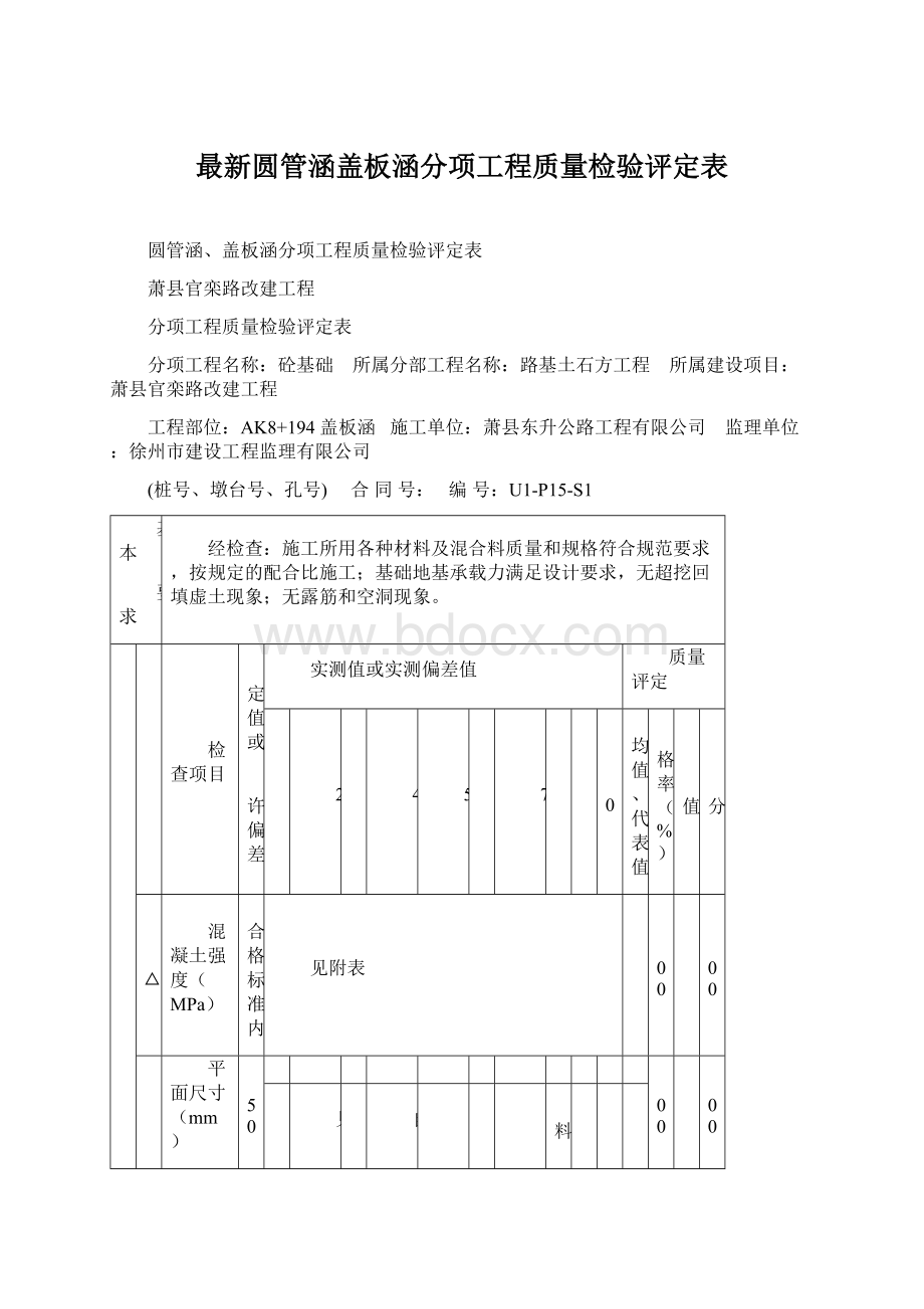 最新圆管涵盖板涵分项工程质量检验评定表文档格式.docx_第1页