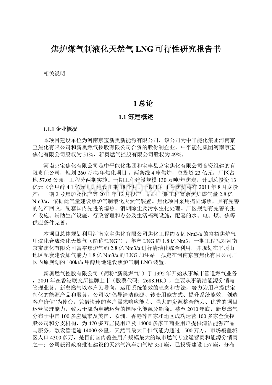 焦炉煤气制液化天然气LNG可行性研究报告书Word文档格式.docx_第1页