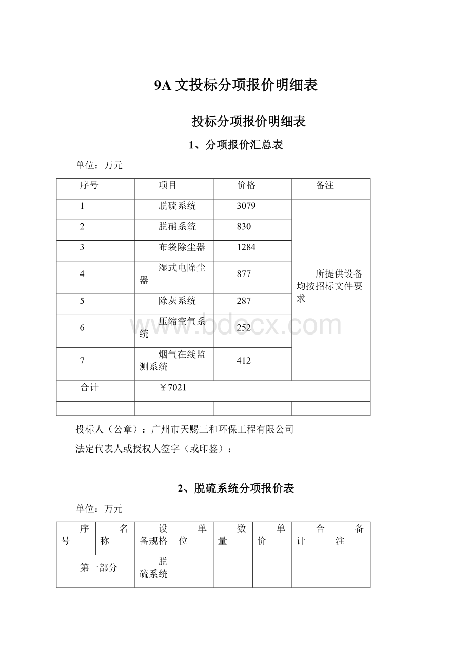 9A文投标分项报价明细表.docx