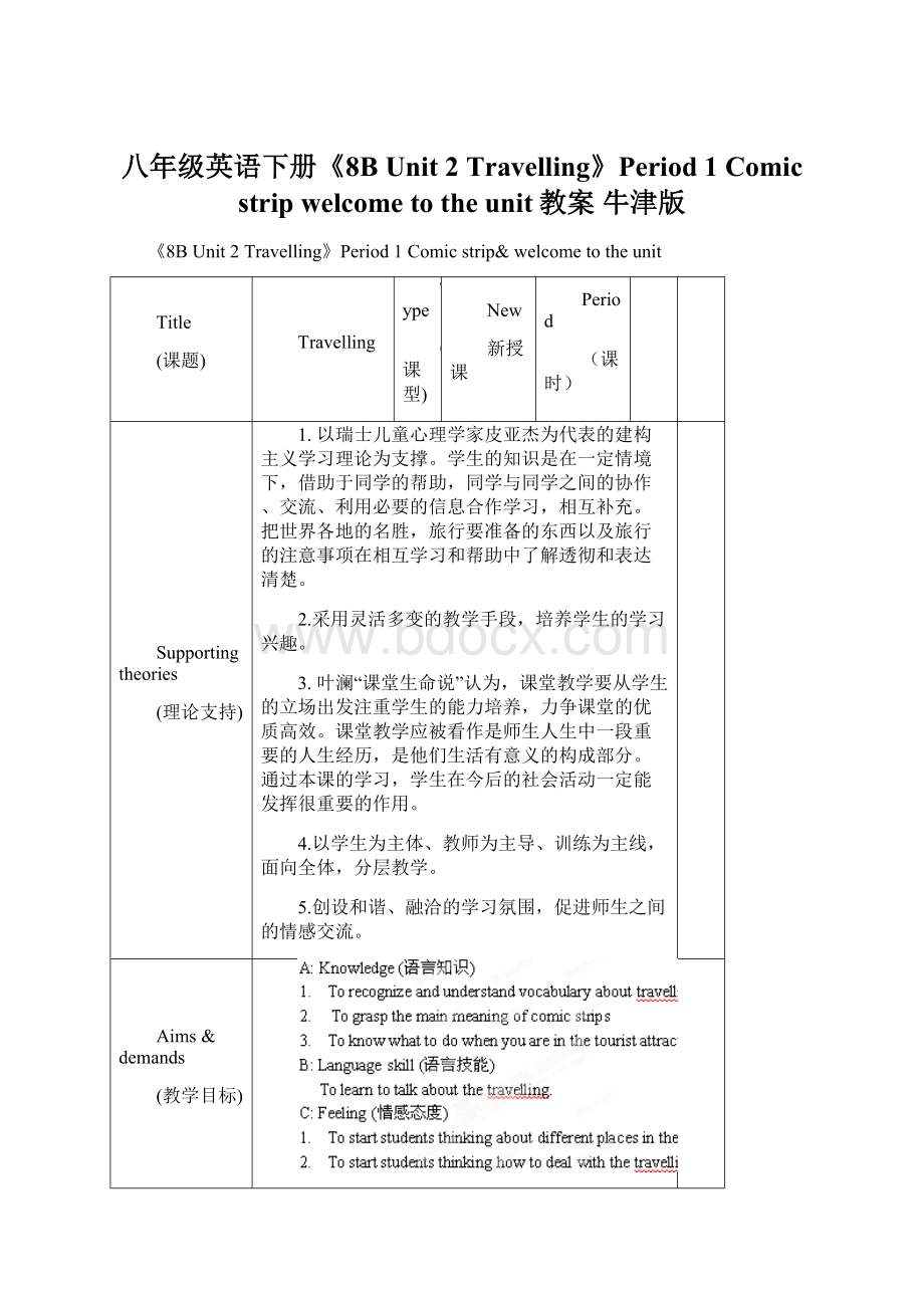 八年级英语下册《8B Unit 2 Travelling》Period 1 Comic strip welcome to the unit教案 牛津版.docx_第1页