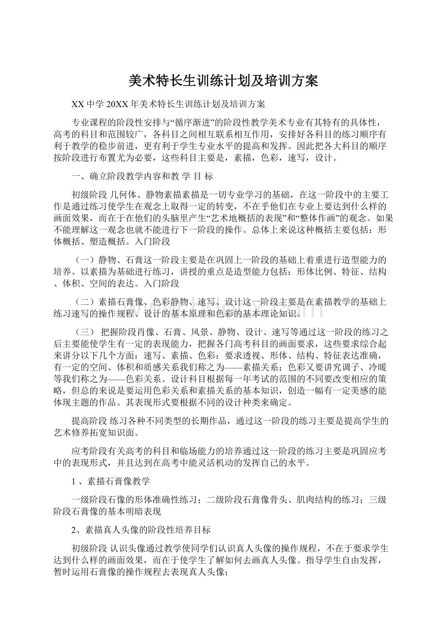 美术特长生训练计划及培训方案Word下载.docx