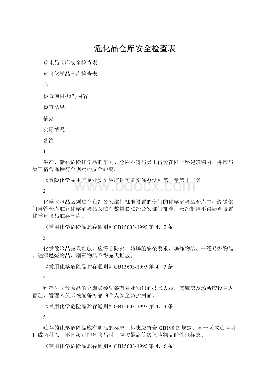 危化品仓库安全检查表Word文档格式.docx_第1页