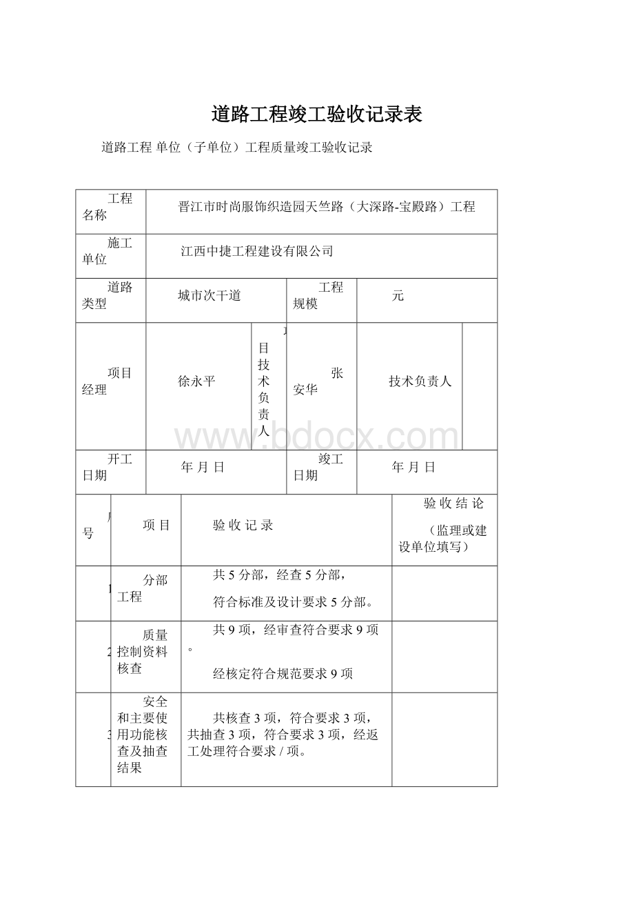 道路工程竣工验收记录表.docx