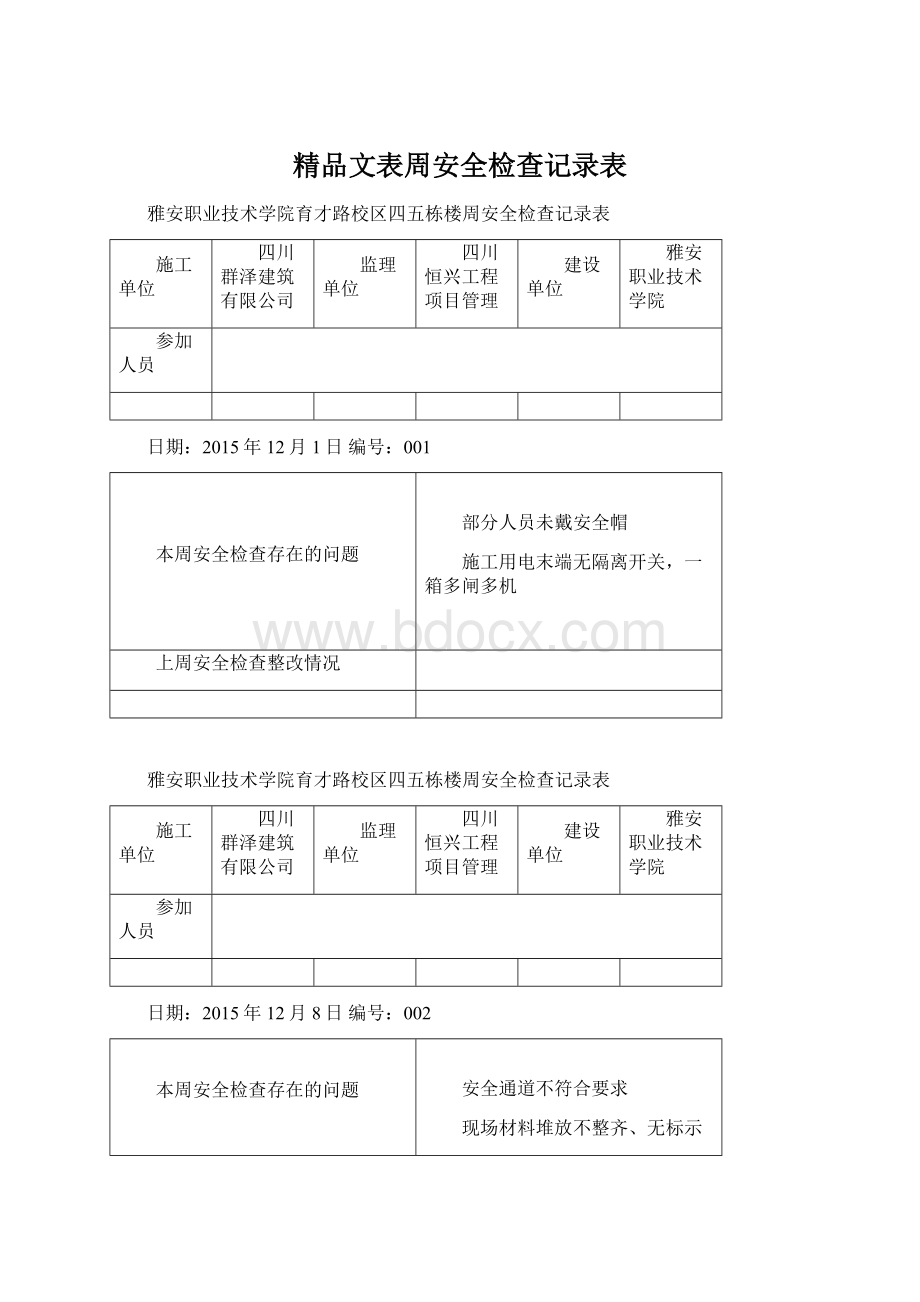 精品文表周安全检查记录表.docx