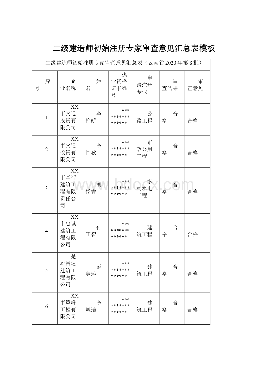 二级建造师初始注册专家审查意见汇总表模板.docx