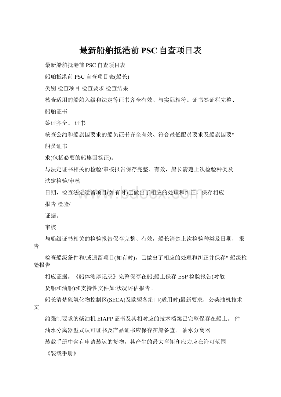 最新船舶抵港前PSC自查项目表.docx