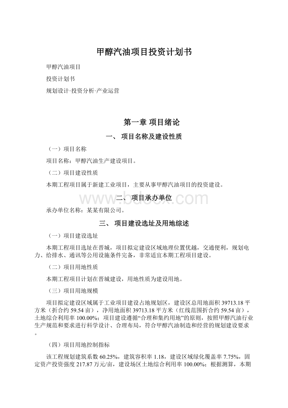 甲醇汽油项目投资计划书Word格式文档下载.docx_第1页